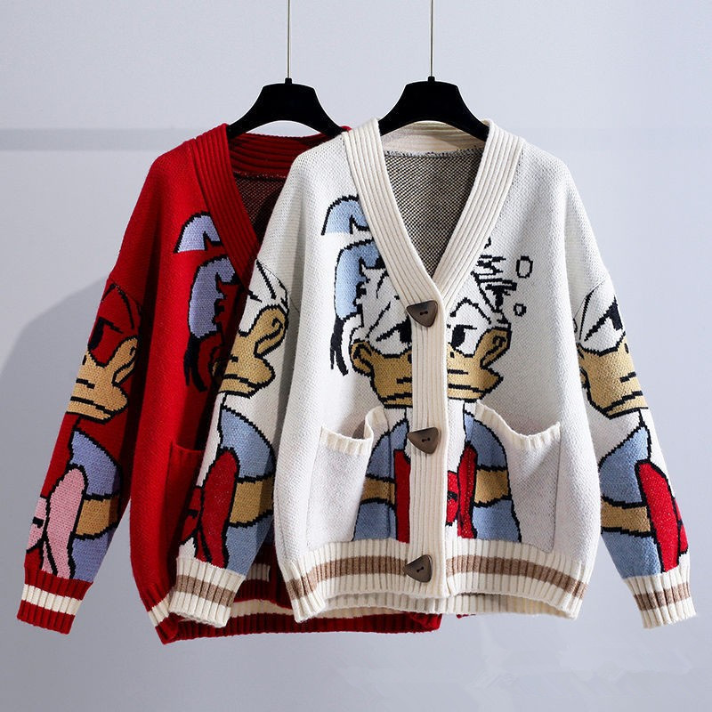 Cartoon Duck Sweater Cardigan Women's Lazy Style Jacquard V-Neck Knitted Sweater Autumn and Winter New Cross-border Sweater Coat