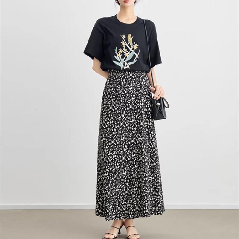 Floral Skirt French-Style Elegant Holiday Style Floral Mid-Length A-Line Skirt