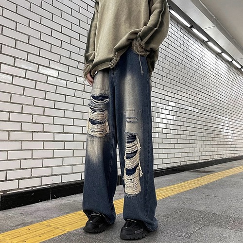Vintage American-style ripped jeans for men and women, washed and distressed, loose wide-leg straight-leg floor-length streetwear brand pants
