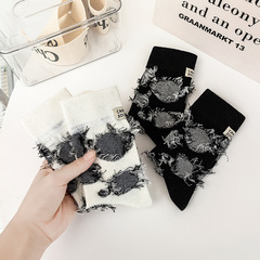 New Autumn/Winter Reverse-Wear Fringe Dark Black Style Destroyed Tag Sports Casual Knee-High Socks for Men and Women - Instagram Trendy Socks