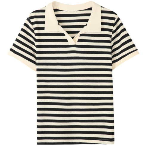 411 休闲百搭条纹polo衫女夏季短袖t恤大码宽松翻领复古正肩短袖T