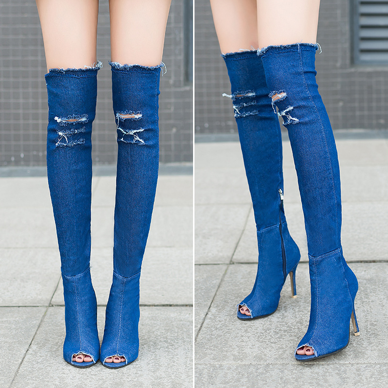 2025 Spring New Casual Fashion Korean Ov-the-Knee Long Same Style Elastic Round Toe High-Top Denim Boots Women's_voghion.com