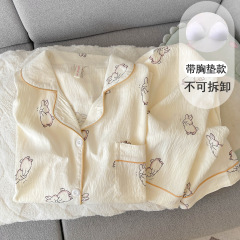 带胸垫可爱奶兔睡衣女款春秋夏季长袖云朵纯棉学生少女棉纱家居服