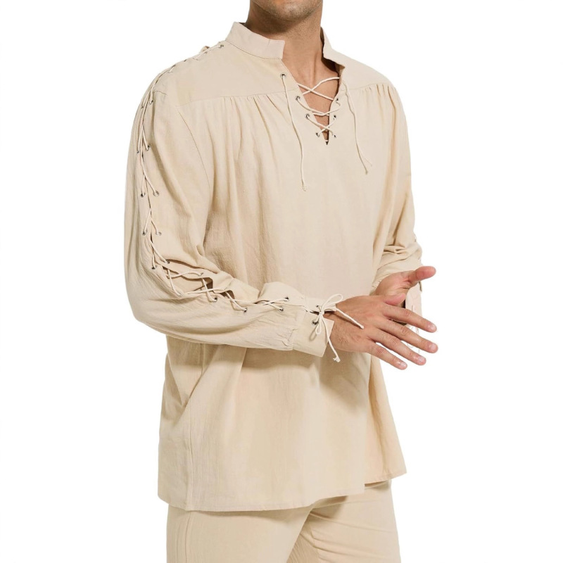 Rycuzynu Men's Loose Linen Medieval Gothic Renaissance Shirt Long Sleeve