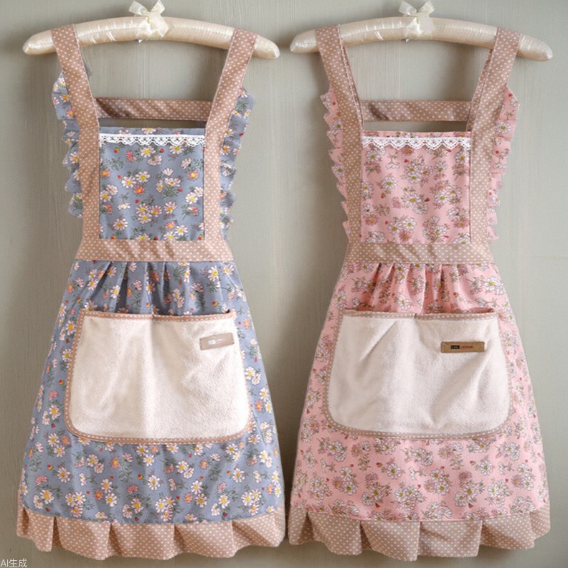 Cotton Apron for Kitchen Use, Household, Hand-Wiping, Pure Cotton, Female Internet Celebrity Princess Cooking Apron, Workwear, Sleeveless