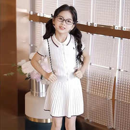 女童学院风套装夏季新款中大童小女孩针织衬衫百褶裙两件套网红款