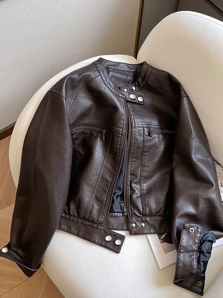 American Motorcycle Style Short Leather Jacket for Women, New Spring and Autumn Design with a Stand Collar for Petite Figures