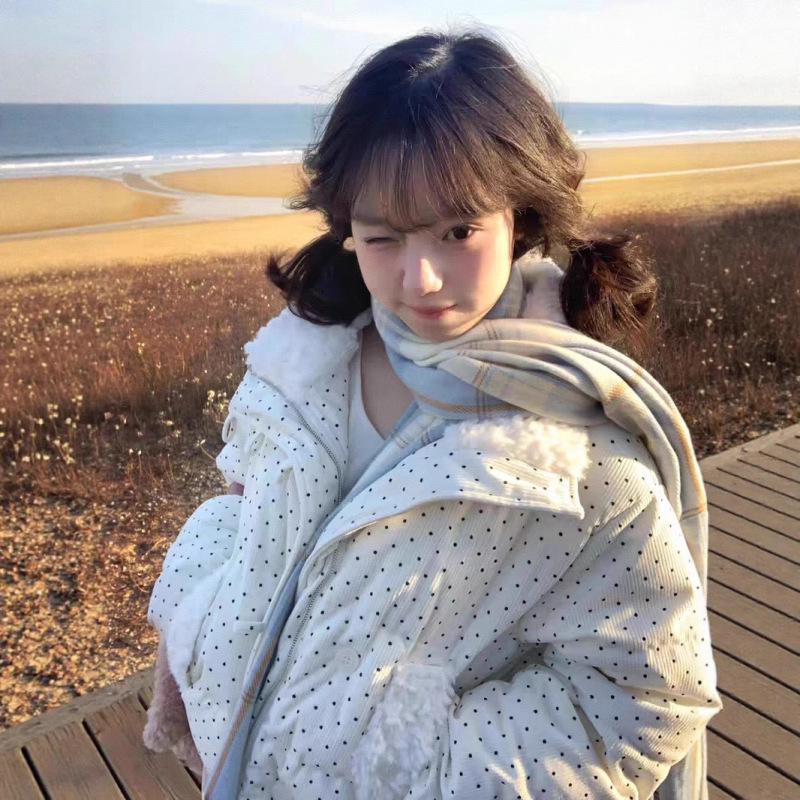 韩系甜美风波点毛领羽绒棉服外套女秋冬季宽松加厚保暖短款面包服|undefined