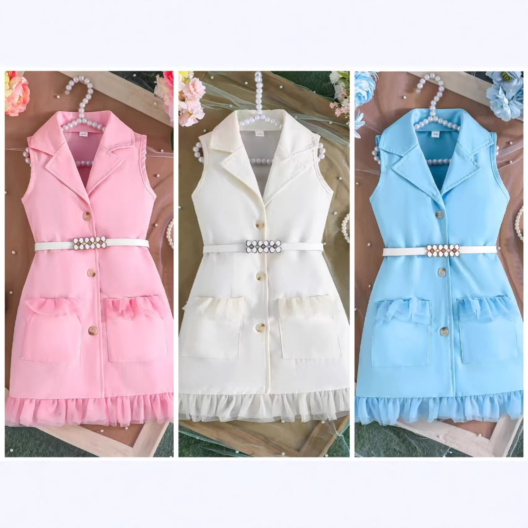 2026 New Product a Cross-Border Summer New Style Girls' Solid Color Sleeveless Suit Fashion Dress + Belt Two-Piece Set