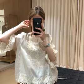 26夏季新款韩系复古镂空刺绣苎麻宽松微喇叭袖上衣146