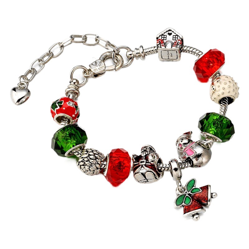 Europa y América DIY con cuentas de hueso de serpiente Cadena de perlas de vidrio pulsera de Santa Claus campana roja regalo pulsera de Navidad