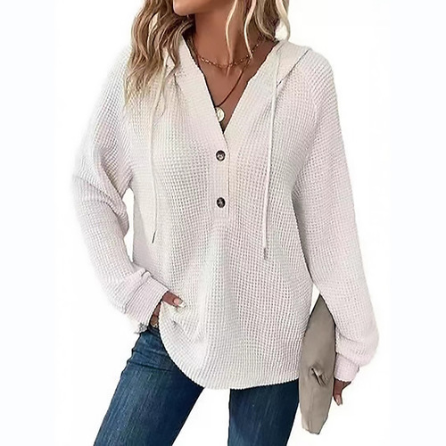 Pure Color Long-Sleeve V-Neck Top for Autumn and Winter Women, Hooded Button-Up Sweatshirt Jacket for Women