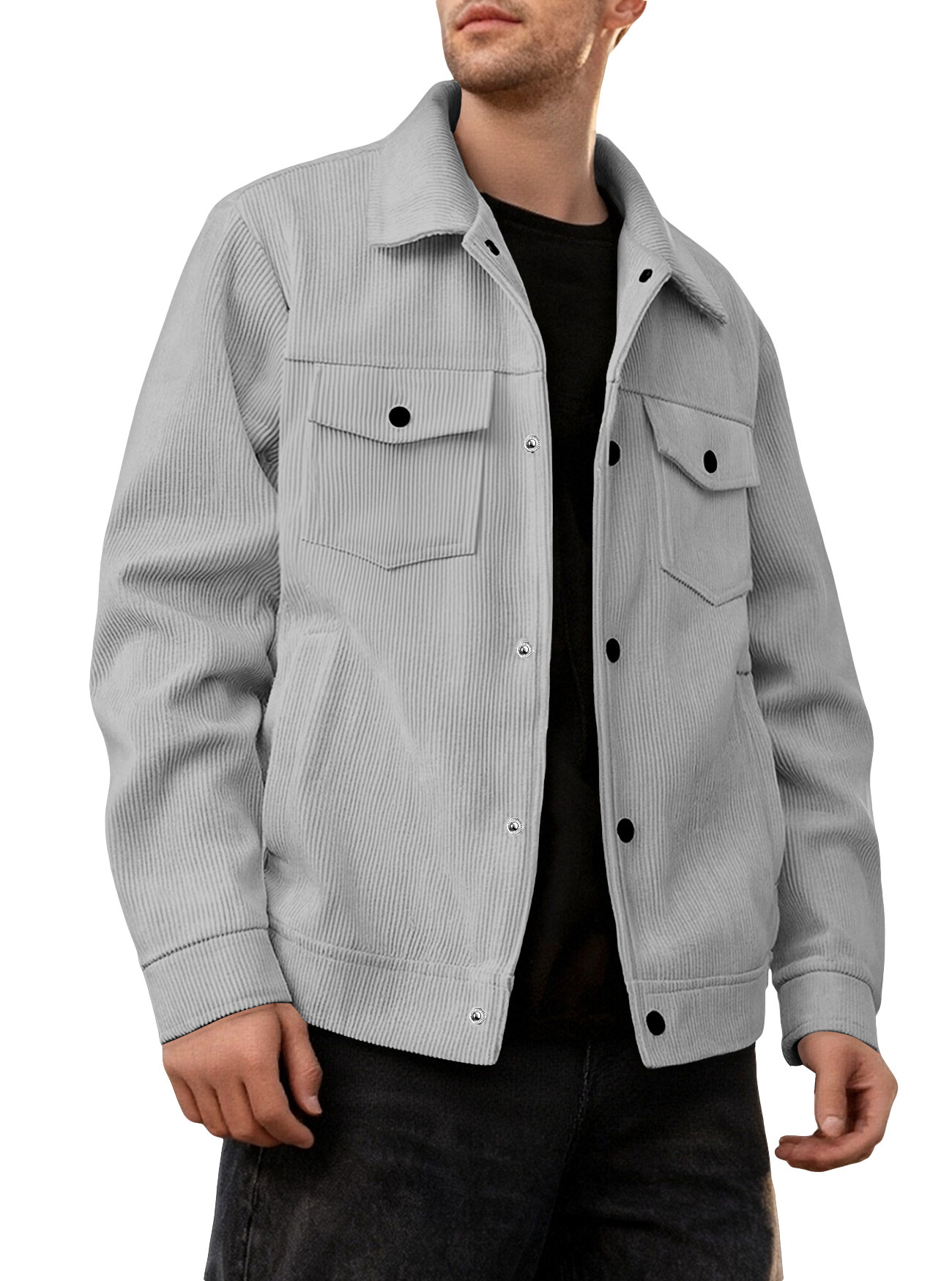 Europa y los Estados Unidos transfronterizos amazonas de seda de una sola fila botón cuello casual camisa de manga larga de moda deportiva casual bolsillo chaqueta hombre