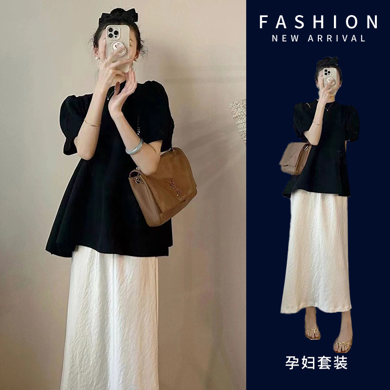 in stock Pregnant Women Summer New French Style Platycodon suit Flesh Covering Elegant Slim Black Top Skirt Two-Piece Set
