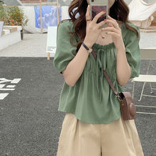 法式方领短袖衬衫女宽松2025夏装新款复古娃娃衫设计感短款上衣