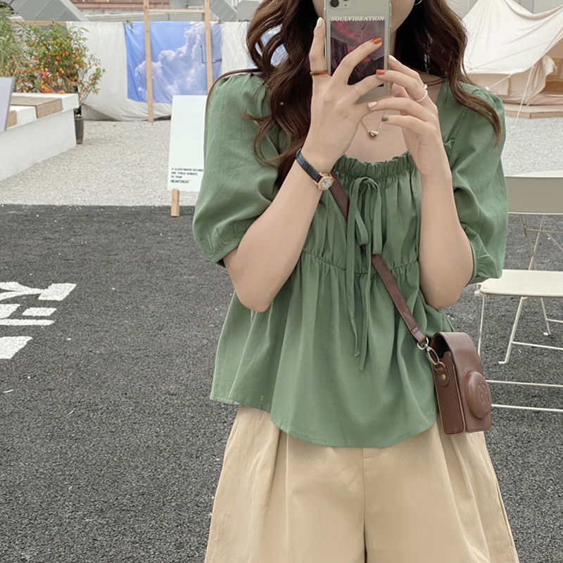 法式方领短袖衬衫女宽松2025夏装新款复古娃娃衫设计感短款上衣