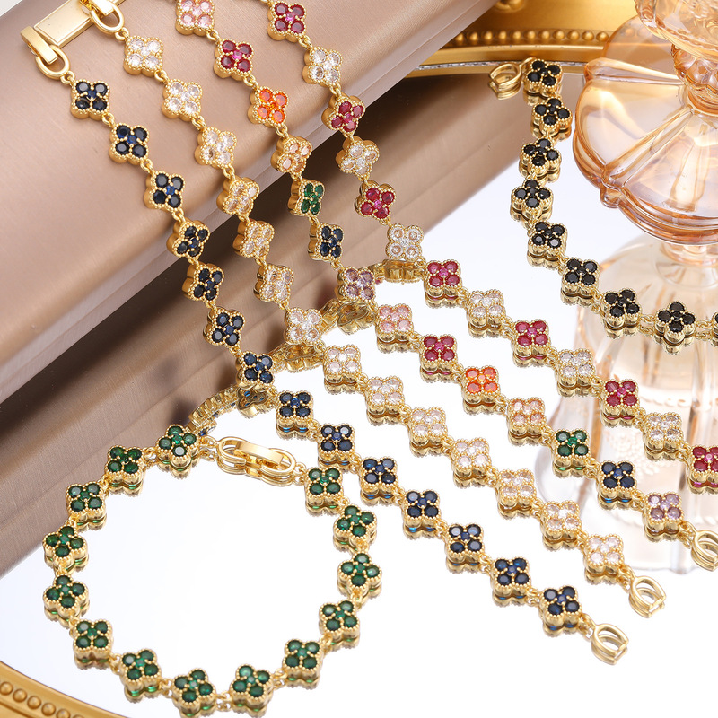 European and American French-Style Colorful Four-Leaf Clover Bracelet, Light Luxury and High-End Feel, Full Diamond Zircon Copper Gold-Plated Jewelry, Exclusively for Cross-Border Sales European and American French-Style Colorful Four-Leaf Clover Bracelet, Light Luxury and High-End Feel, Full Diamond Zircon Copper Gold-Plated Jewelry, Exclusively for Cross-Border Sales