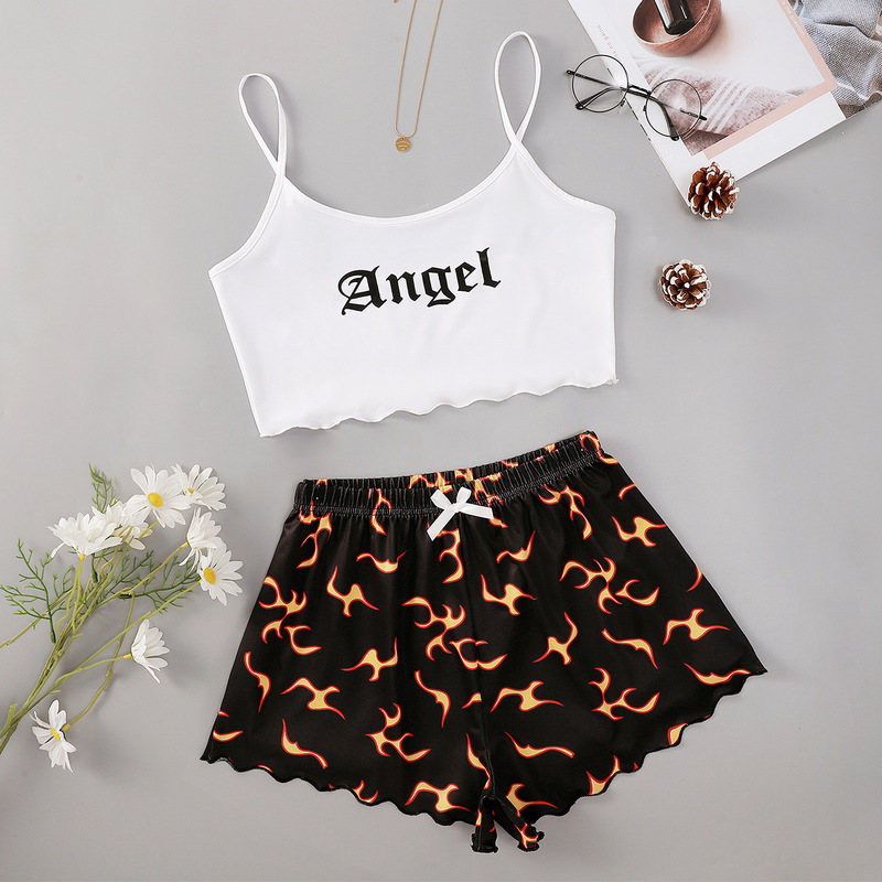 Foreign trade European and American fashion flame letter printing suspenders two-piece sexy shorts can be worn outside home clothes wholesale