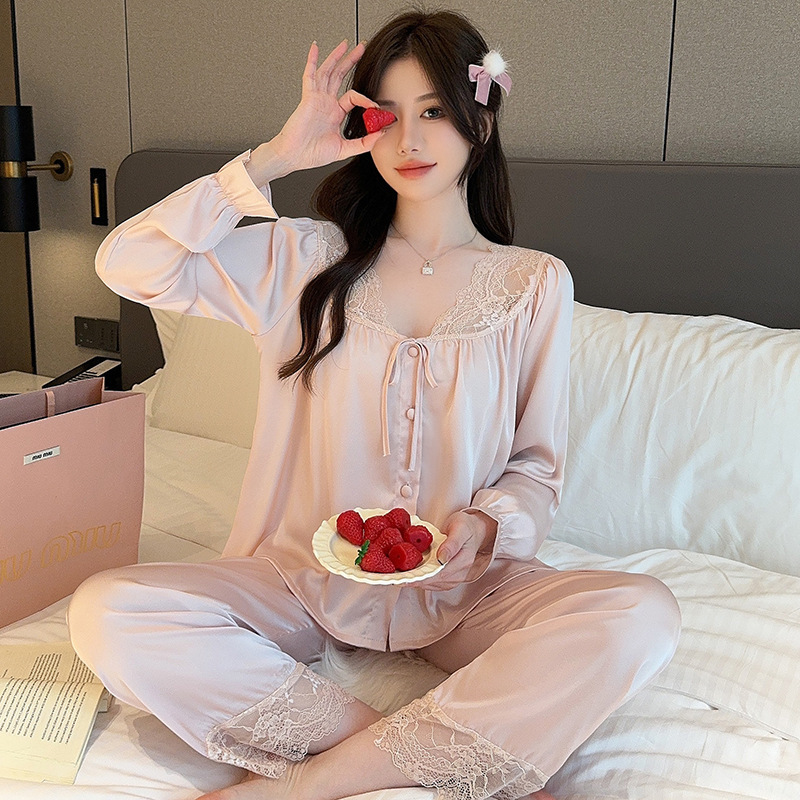 2026 New Style Women's Summer Pajamas, Ice Silk Long-Sleeve Long Pants, Sweet and Pure Desire Style, Light Luxury Silk, Sexy Loungewear 2026 New Style Women's Summer Pajamas, Ice Silk Long-Sleeve Long Pants, Sweet and Pure Desire Style, Light Luxury Silk, Sexy Loungewear