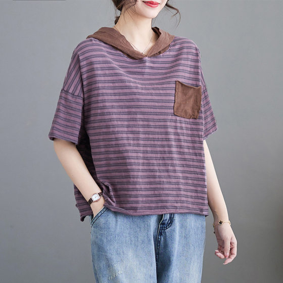 Hooded color matching striped short-sleeved T-shirt for women 2024 Summer chubby girl plus size slimming loose casual pullover top