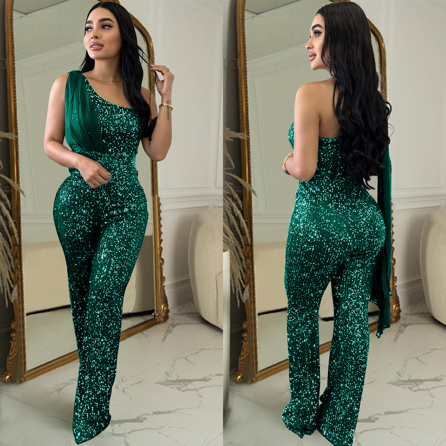 C6778 transfronteriza AliExpress Amazon de moda europea y americana de las mujeres de color sólido sin mangas de un solo hombro pantalones de lentejuelas mono