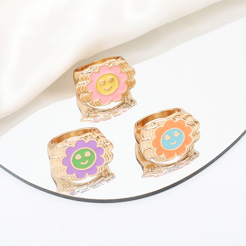 13g Weight Women'S Gender Green, Blue, Yellow Color One Size Size Wholesale Jewelry Cartoon Flower Smile Ring Nihaojewelry 1