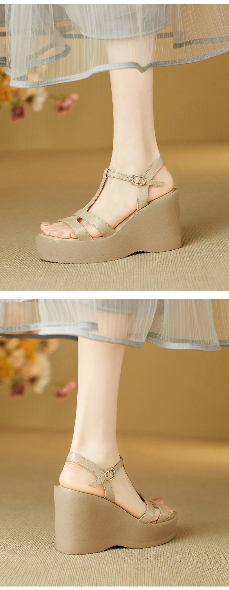 Sandal cao gót nữ mũi hở đế xuồng da bò, quai chữ T đơn giản, gót 9 cm — đen chi tiết 5