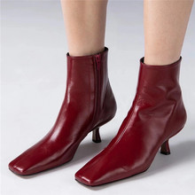 RimRim新款里姆短靴女式馬丁靴高跟細跟真軟羊皮復古方頭單靴
