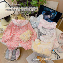 儿童新款纯棉家居服套装女童蕾丝花边睡衣春夏薄款双层棉纱