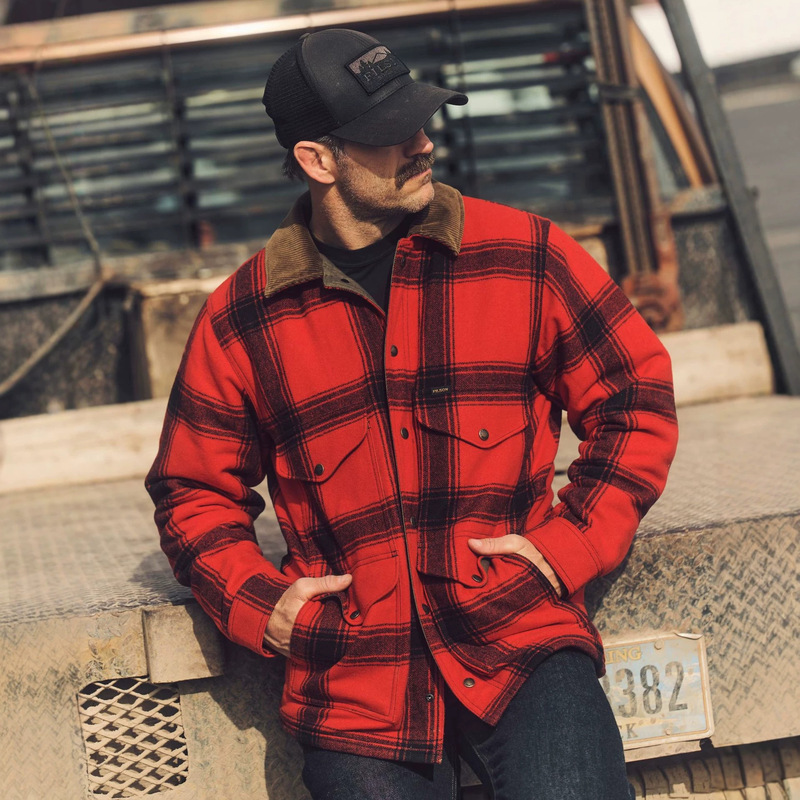 1. Plaid Woolen Work Jacket for Men with Corduroy Collar, Multi-Pocket, American Retro Style, Autumn and Winter Casual Coat
