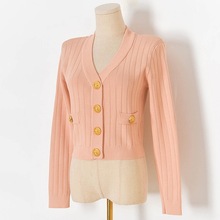 5010春季新款坑条修身V领长袖针织衫开衫女式