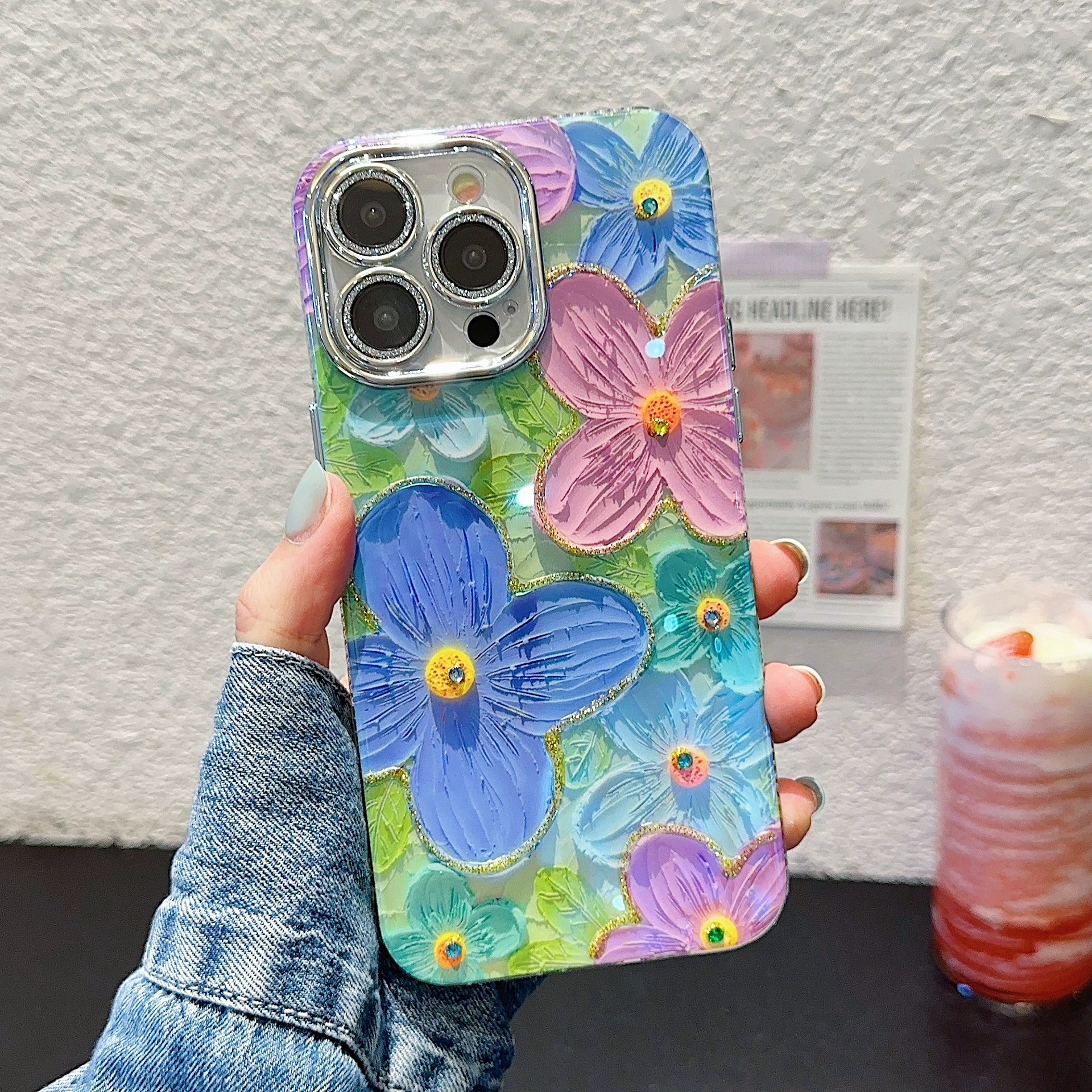 Blu-ray клейкая точка бурение цветы, подходящие для чехла iPhone15, тонкие отверстия 14 все включено 13 линза пленка 16 теплоотвод 11