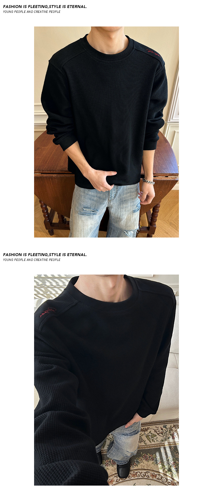 Men's Long-sleeve Waffle T-shirt With Embroidered Red Label Logo_voghion.com