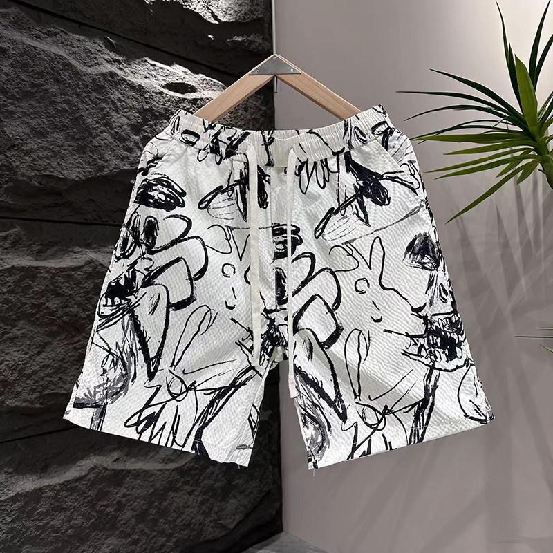 Men's Graffiti Style Quick Drying Beach Shorts Summer Thin High Street Sporty Casual Five Point Individuality Pants_viptrois.com