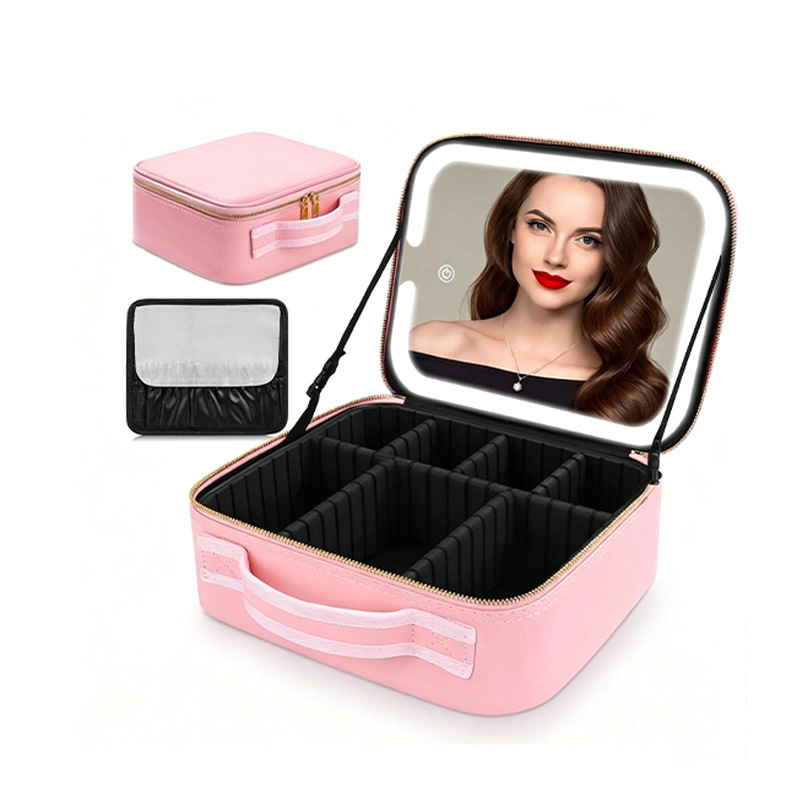 Bolsa de maquillaje de alta calidad con espejo con LED, partición desmontable, bolsa de maquillaje portátil impermeable de almacenamiento de gran capacidad