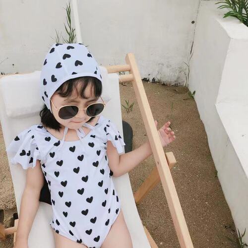 2025 New Korean Girls' Swimwear Children's One-piece Swim Suit with Bowknot Black and White Heart Lotus Sleeve Swimsuit