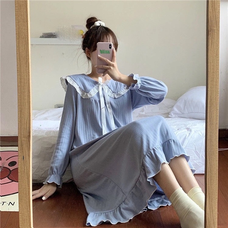 Nuevos pijamas camisón de manga larga para mujer collar de muñeca sobre la rodilla ins Primavera y otoño Corte de hadas estilo princesa ropa para el hogar