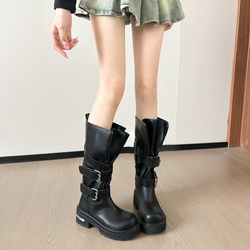 2025 Autumn Vintage Motorcycle Boots for Women, Leather Buckle Riding Boots, Chunky Platform Thick Heel Martin Mid-Length Boots 2025 Autumn Vintage Motorcycle Boots for Women, Leather Buckle Riding Boots, Chunky Platform Thick Heel Martin Mid-Length Boots