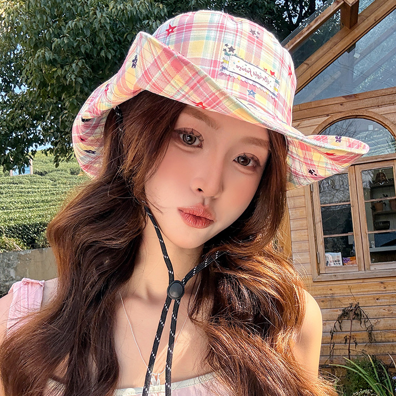 夏季美式复古格纹渔夫帽女小众设计感户外露营遮阳帽大头围登山帽