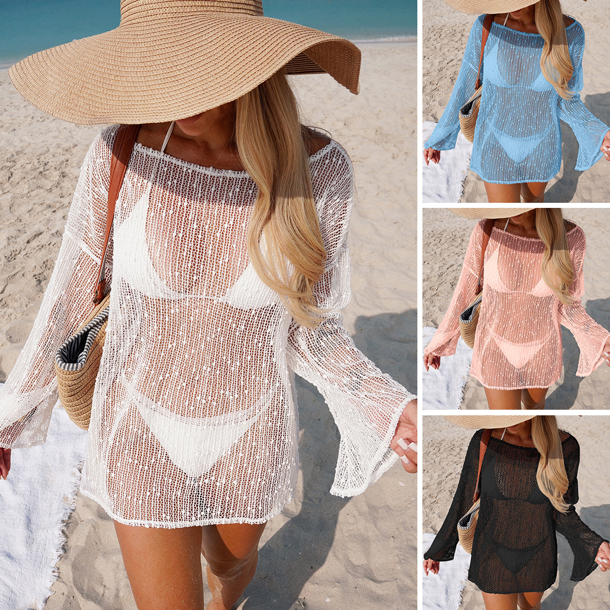 Cross-Border European and American Side Slit Loose Solid Color Pullover Knitted Hollow See-Through Sexy Beach Sunscreen Bikini Cover-Up