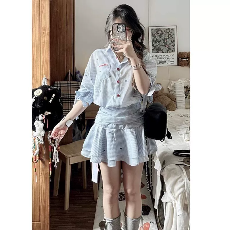 Корейский стиль, студенческий стиль, вертикальная полоска на талии, рубашка с лацканами, платье для женщин, летняя плиссированная юбка с рюшами, многослойная, чистое желание