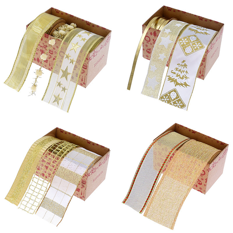 Nuevo transfronterizo Amazon Navidad cinta caja de paquetes de regalos árbol de Navidad decoración oro y plata cinta set