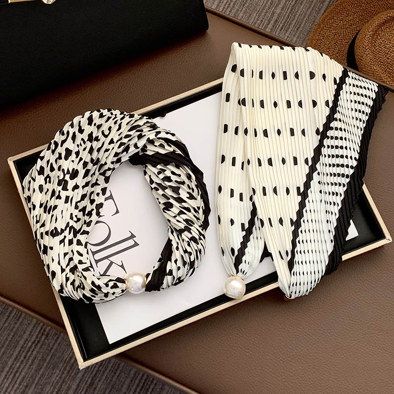 Hebilla de succión magnética collar de perlas bufanda de seda larga y estrecha bufanda de cuello femenino con camisa bufanda fina bufanda de seda plisada bufanda