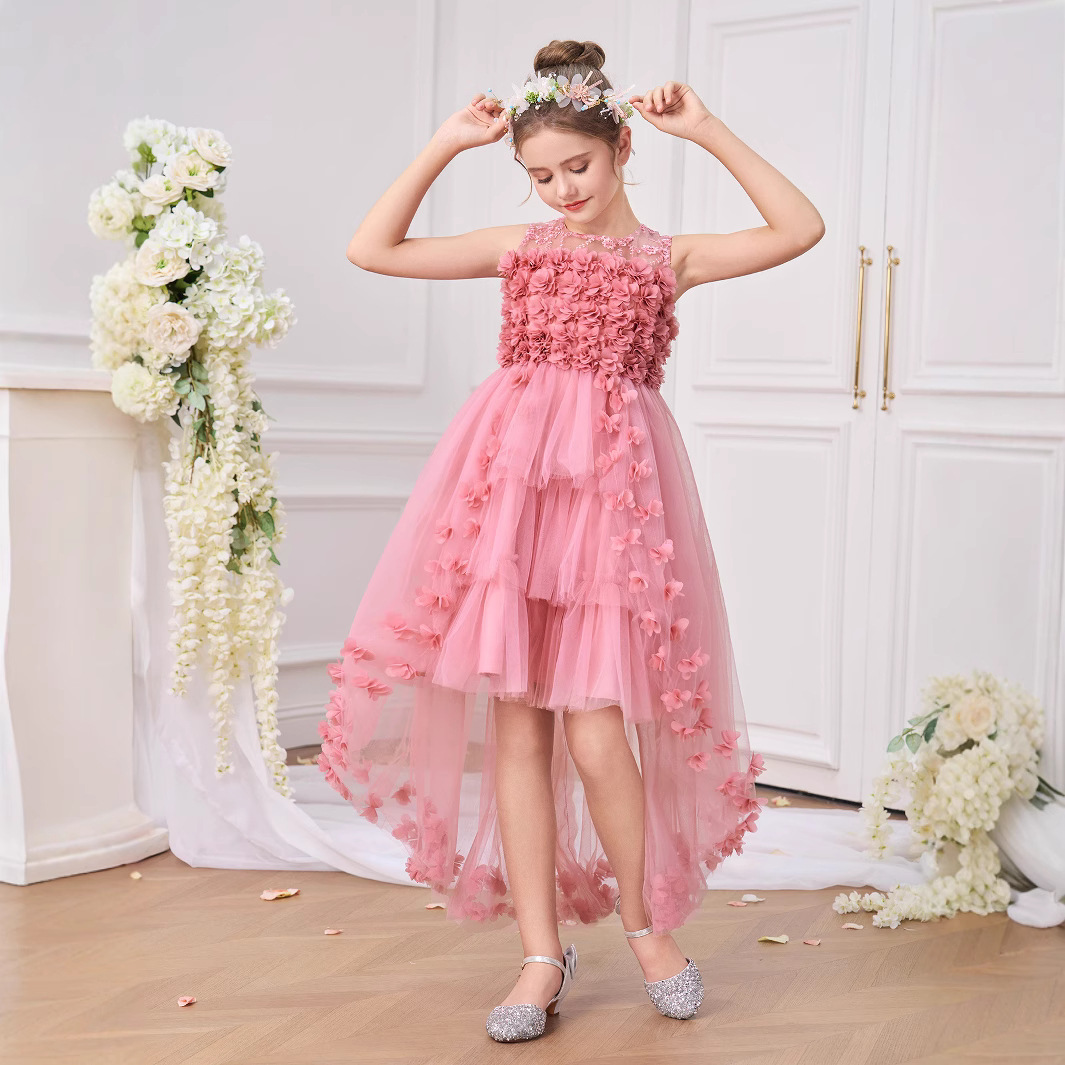 Nuevo vestido de princesa para niños transfronterizo, vestido de flor de cola con calcomanía, vestido de actuación de piano de pasarela para niñas, falda hinchada