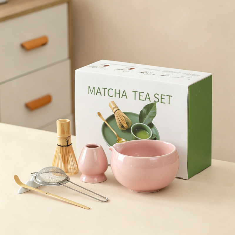 Cross-Border Wholesale Pink Matcha Bowl with Spout, Matcha Making Tools, Tea Bowl Five-Piece Set, Mixer Accessories Set
