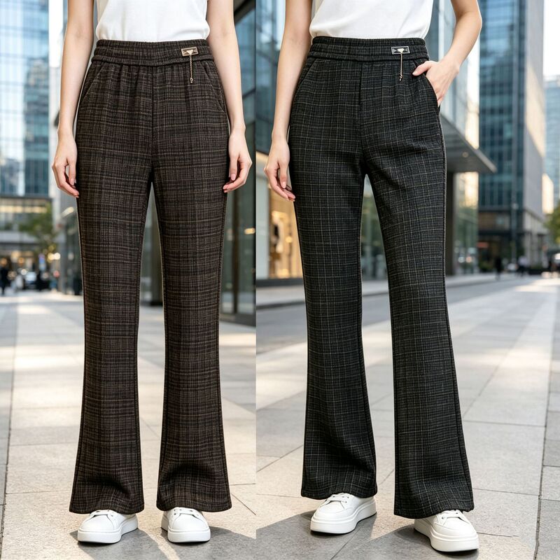 Autumn plaid flared pants, loose and casual, for middle-aged women, woolen wide-leg pants, long pants Autumn plaid flared pants, loose and casual, for middle-aged women, woolen wide-leg pants, long pants