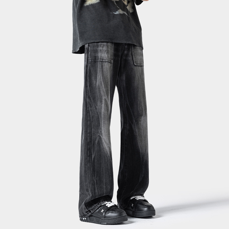Jean homme délavé style américain, marque tendance, coupe ample, motif éclair, pantalon droit, disponible en prêt-à-porter._voghion.com