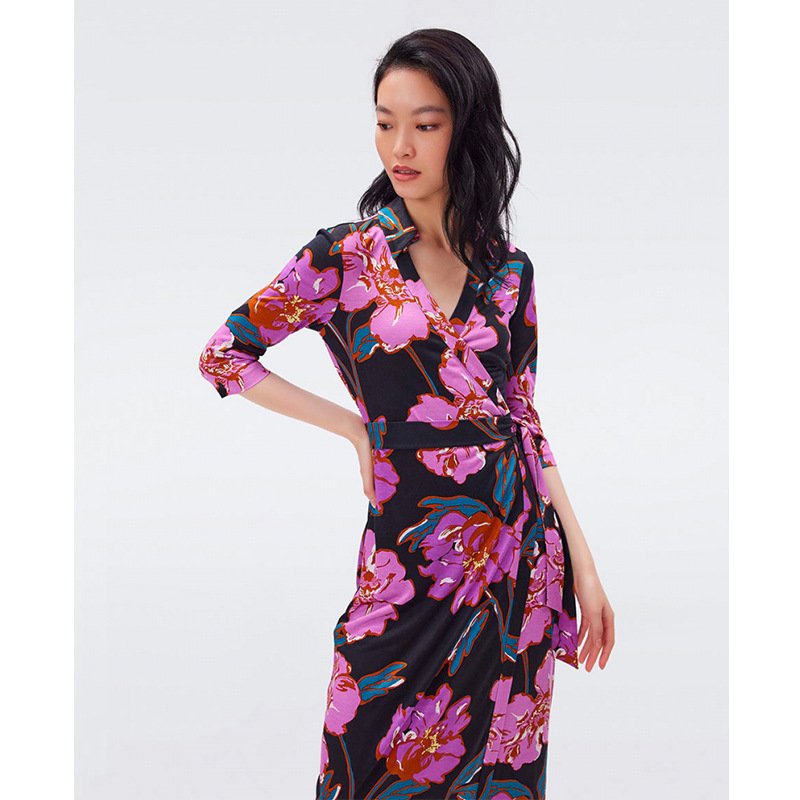 2024 spring new pink hibiscus flower lapel knitted lace-up wrap dress elegant long dress women 2024 spring new pink hibiscus flower lapel knitted lace-up wrap dress elegant long dress women