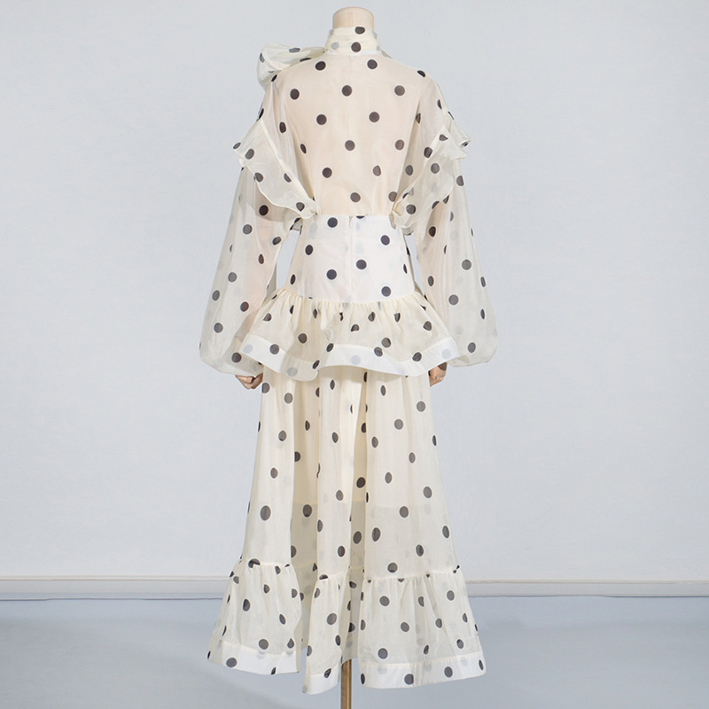 Australian Show Polka Dot Set Women Trendy Scarf Collar Ruffled Shirt Top Long Skirt Sets