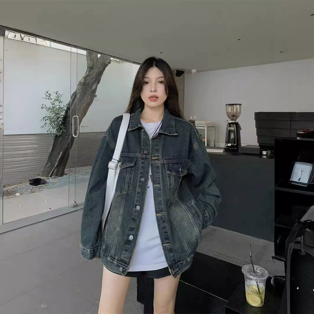 Autumn jacket, trend denim long-sleeve, American style, oversize